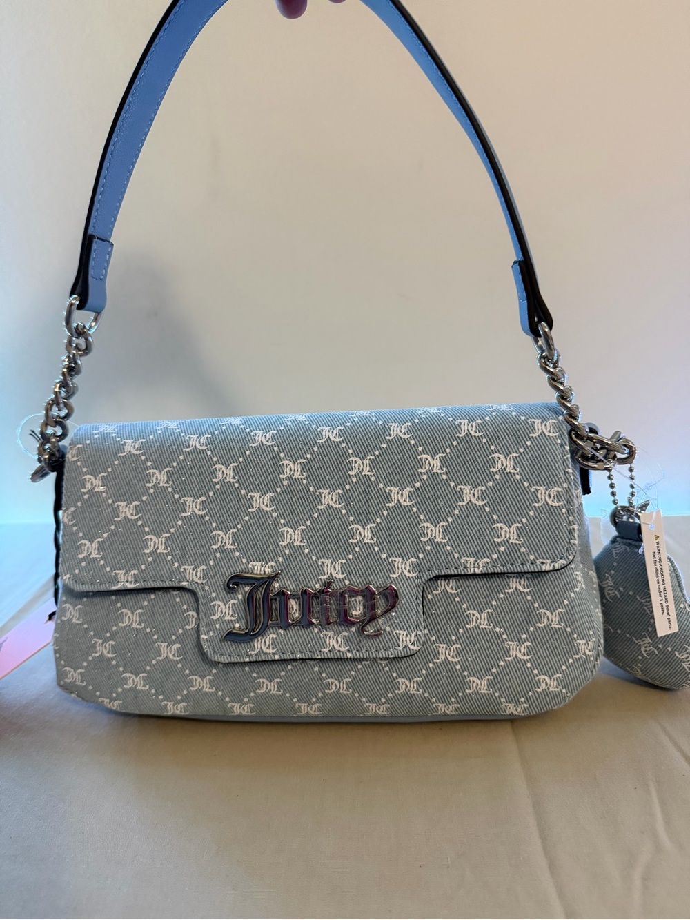 Juicy Couture Light Blue Logo Jacquard Shoulder Bag